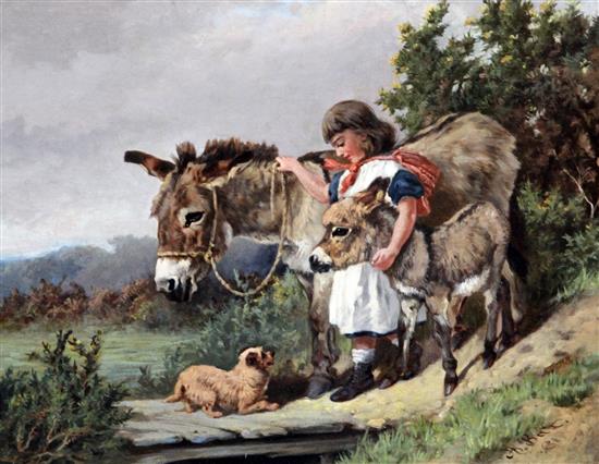 Arthur Batt (1846-1911) Girl with donkey, foal and a terrier, 12 x 15in.